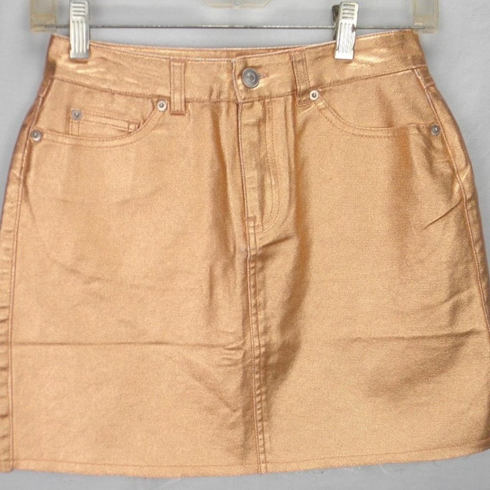 Want and Need Womens Gold Metallic Denim Mini Skirt Size Small